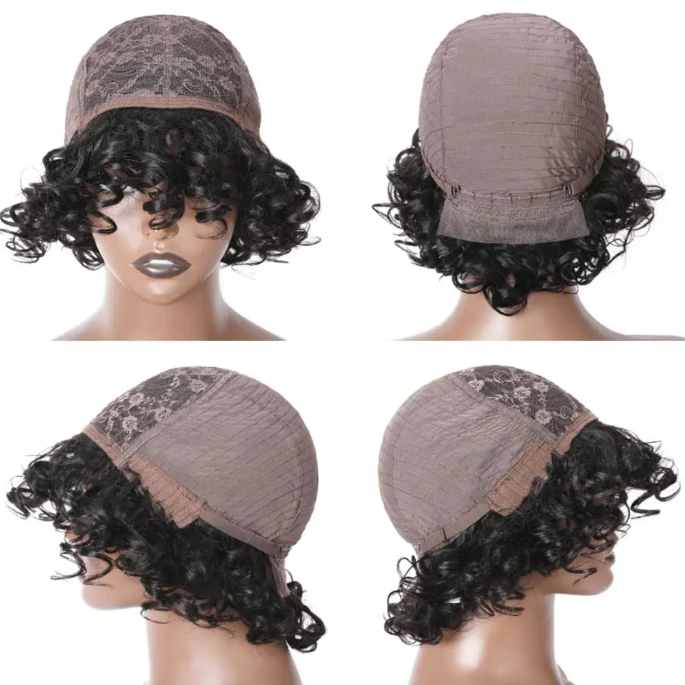 KLAIYI Short Bob Curly Wig with Bangs Human Hair Pixie Cut Wig Bouncy Curls Wear and Go Glueless Wigs for Black Women Brazilian Hair No Lace Front Afro Kinky Curly Wig 150% Density 8Inch Natural Color