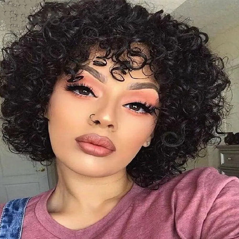 KLAIYI Short Bob Curly Wig with Bangs Human Hair Pixie Cut Wig Bouncy Curls Wear and Go Glueless Wigs for Black Women Brazilian Hair No Lace Front Afro Kinky Curly Wig 150% Density 8Inch Natural Color
