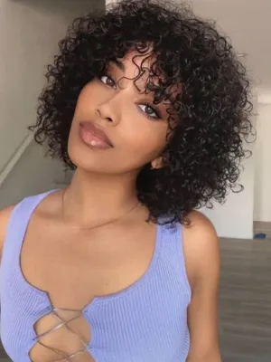 KLAIYI Short Bob Curly Wig with Bangs Human Hair Pixie Cut Wig Bouncy Curls Wear and Go Glueless Wigs for Black Women Brazilian Hair No Lace Front Afro Kinky Curly Wig 150% Density 8Inch Natural Color