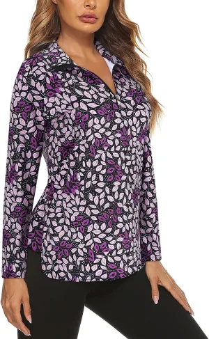 Koscacy Women's Long Sleeve Golf Tennis Polo Shirts UPF50  Half Zip Dry Fit Workout Tops Athletic Shirt