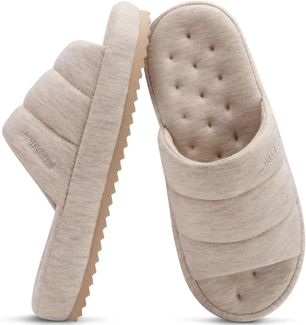 KuaiLu Men's Fashion Quilted Cotton-blend Fabric Sandal Slippers Cozy Memory Foam Indoor/Outdoor House Shoes with Lightweight Soft Cushion Footbed Hard Rubber Sole