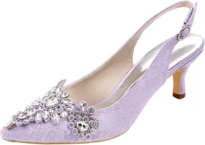 Lace Wedding Shoes with Rhinestone Women Pointed Toe Backless Bridal Pumps High Heel Prom Shoes