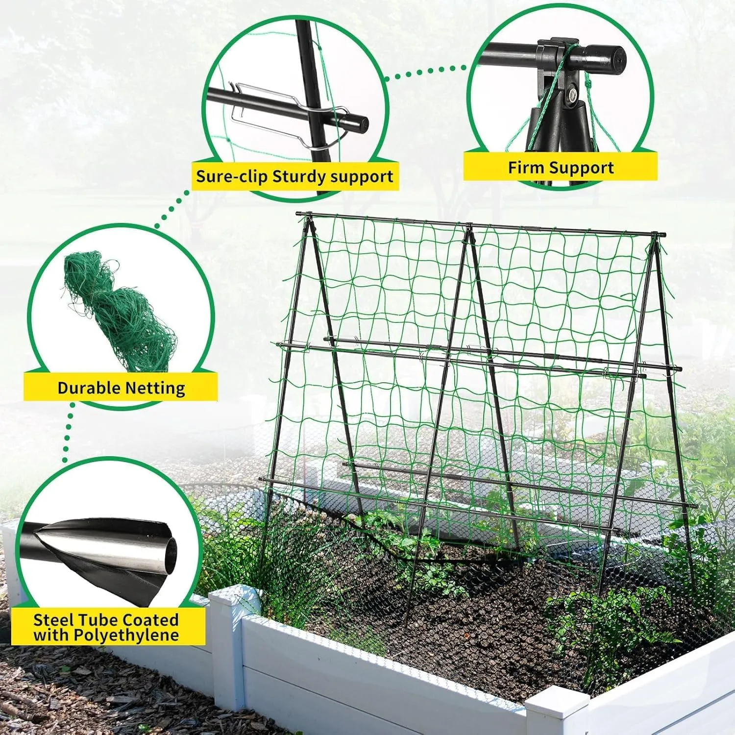 Lalahoni Garden Trellis for Climbing Plants Outdoor, 4ft x 4ft A Frame Cucumber Trellis for Raised Bed, Metal Plant Support for Vine Flower Fruit Grape Vegetable, Black