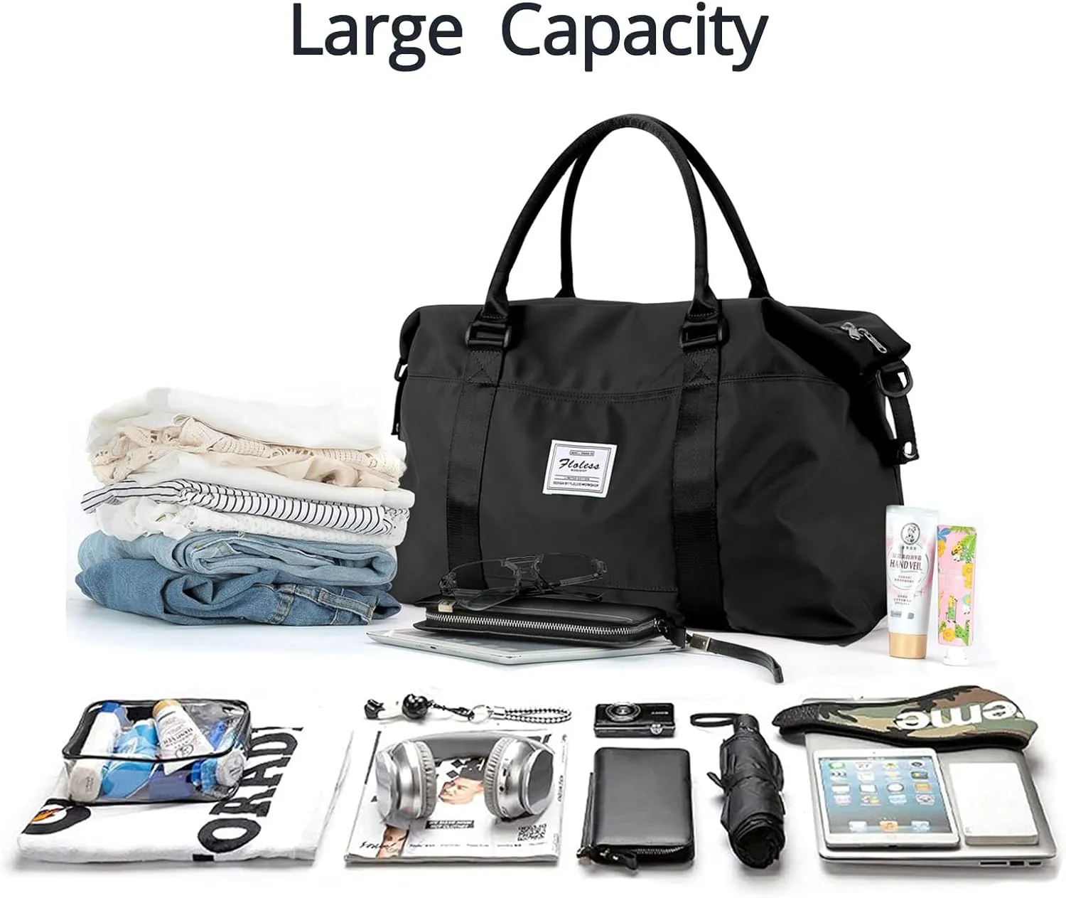 LANBX Travel Gym Bag for Women, Tote Bag Carry on Luggage Sport Duffle Weekender Overnight Bags with Wet Pocket (Black)