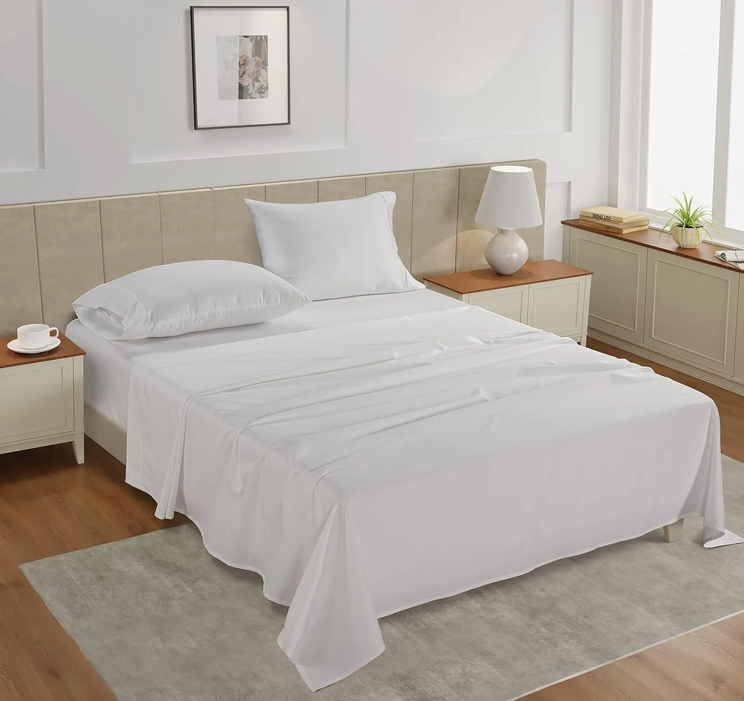 LANE LINEN 100% Cotton Sheets – 450 Thread Count Naturally Cooling Twin Sheets Set, Soft & Comfy Sateen Weave, Deep Pocket Fits 15” Mattress, Fade-Resistant Hotel Bedding, White