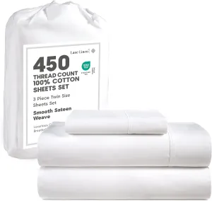 LANE LINEN 100% Cotton Sheets – 450 Thread Count Naturally Cooling Twin Sheets Set, Soft & Comfy Sateen Weave, Deep Pocket Fits 15” Mattress, Fade-Resistant Hotel Bedding, White