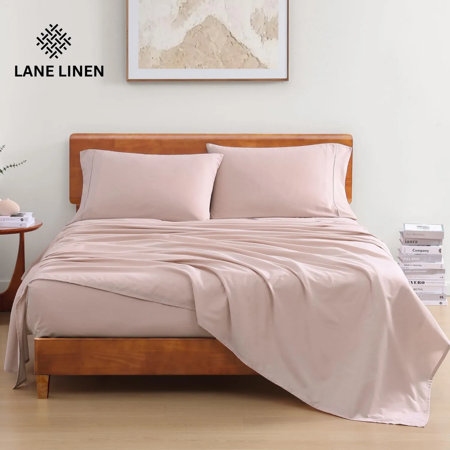 LANE LINEN 100% Organic Cotton King Size Sheets Set, Machine Washable Fully Elasticized Low Pill Fade Resistant Cotton Sheets, Soft & Comfy Percale Eco Friendly All Season sábanas King -Sepia Rose