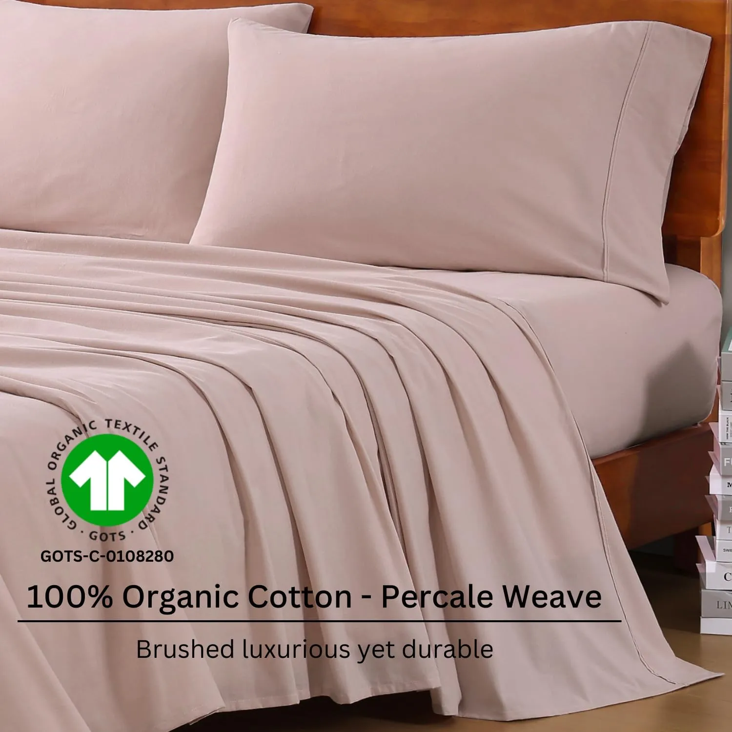 LANE LINEN 100% Organic Cotton King Size Sheets Set, Machine Washable Fully Elasticized Low Pill Fade Resistant Cotton Sheets, Soft & Comfy Percale Eco Friendly All Season sábanas King -Sepia Rose