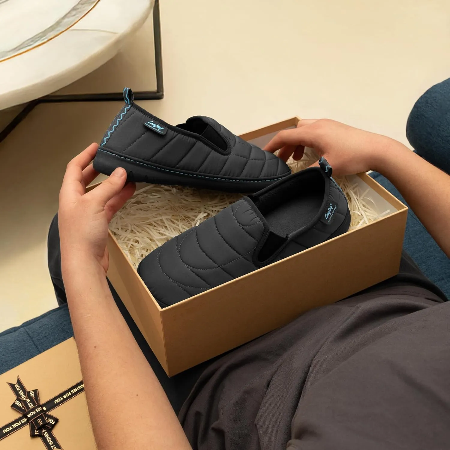 LazyStep Men's Loafer Slippers with Memory Foam and Indoor Outdoor House Shoes