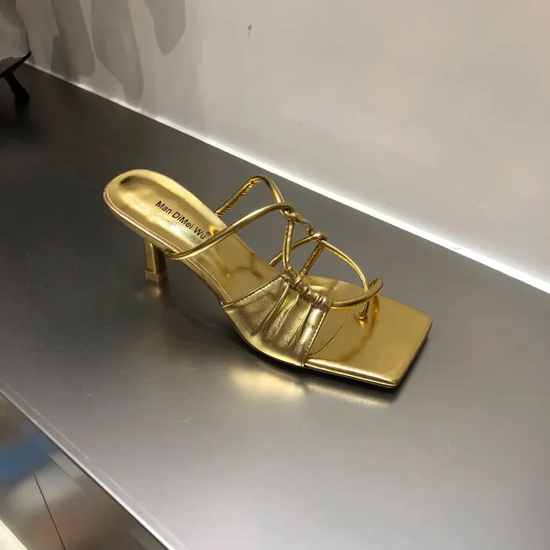 LBSFY  -  2024Summer Narrow Band Women Gold Slipper Fashion Square Toe Slip On Sandal Shoes Thin High Heel Dress Sandal Shoes Slides