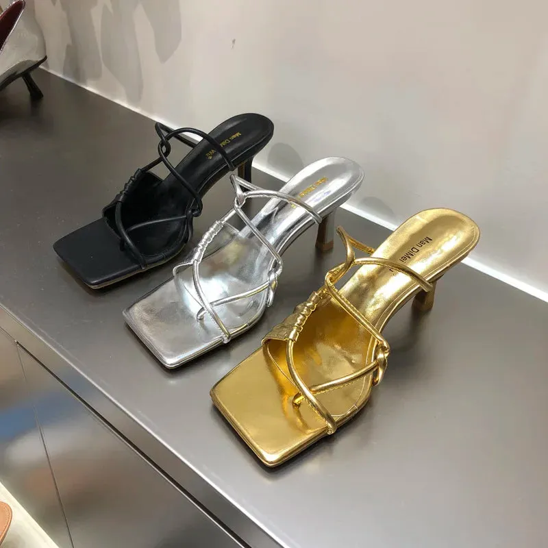 LBSFY  -  2024Summer Narrow Band Women Gold Slipper Fashion Square Toe Slip On Sandal Shoes Thin High Heel Dress Sandal Shoes Slides