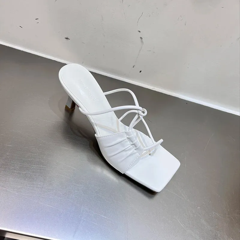 LBSFY  -  2024Summer Narrow Band Women Gold Slipper Fashion Square Toe Slip On Sandal Shoes Thin High Heel Dress Sandal Shoes Slides