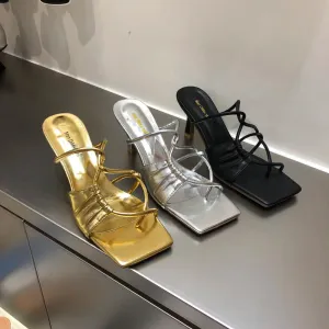 LBSFY  -  2024Summer Narrow Band Women Gold Slipper Fashion Square Toe Slip On Sandal Shoes Thin High Heel Dress Sandal Shoes Slides