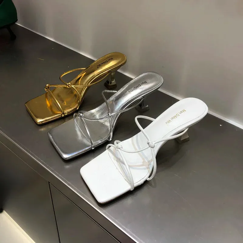 LBSFY  -   New Summer Women Gold White Slipper Thin High Heel Ladies Elegant Sandal Shoes Narrow Band Weave Slides Outdoor Beach Flip