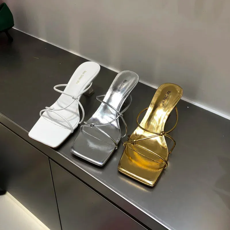LBSFY  -   New Summer Women Gold White Slipper Thin High Heel Ladies Elegant Sandal Shoes Narrow Band Weave Slides Outdoor Beach Flip