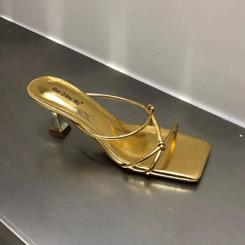 LBSFY  -   New Summer Women Gold White Slipper Thin High Heel Ladies Elegant Sandal Shoes Narrow Band Weave Slides Outdoor Beach Flip