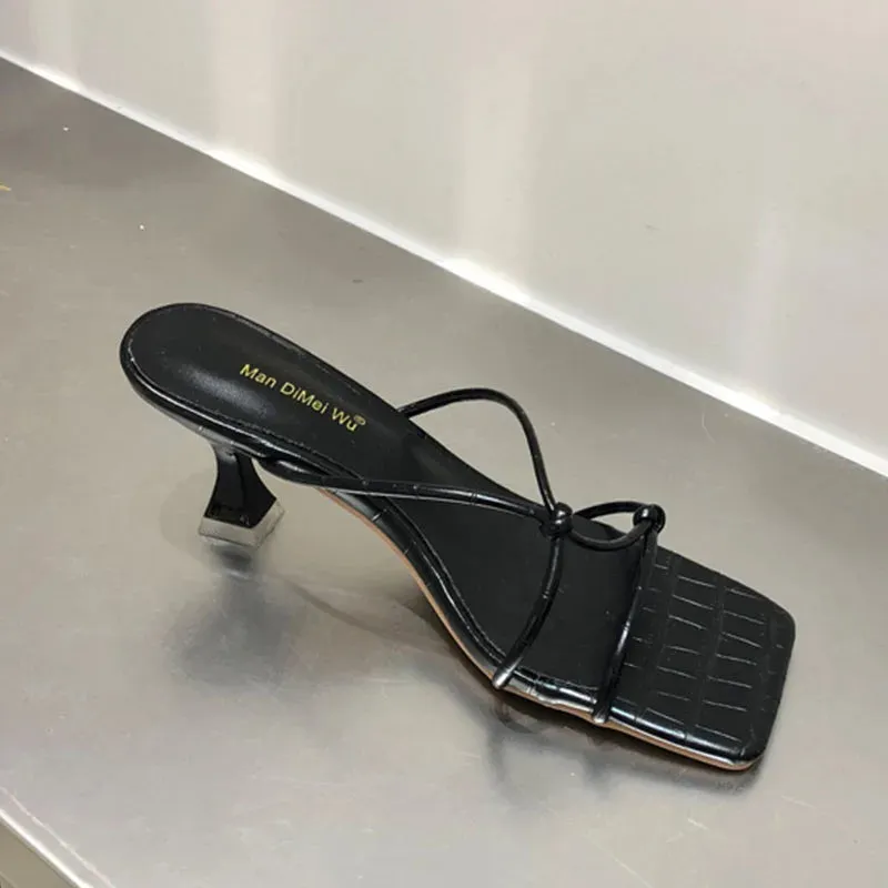 LBSFY  -   New Summer Women Gold White Slipper Thin High Heel Ladies Elegant Sandal Shoes Narrow Band Weave Slides Outdoor Beach Flip