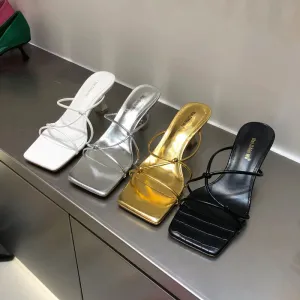 LBSFY  -   New Summer Women Gold White Slipper Thin High Heel Ladies Elegant Sandal Shoes Narrow Band Weave Slides Outdoor Beach Flip