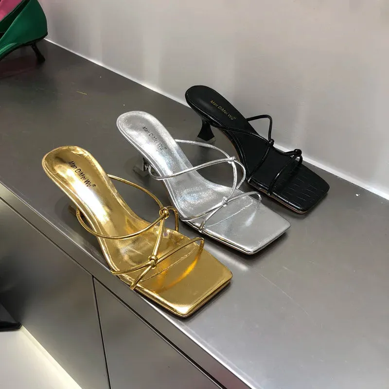 LBSFY  -   New Summer Women Gold White Slipper Thin High Heel Ladies Elegant Sandal Shoes Narrow Band Weave Slides Outdoor Beach Flip