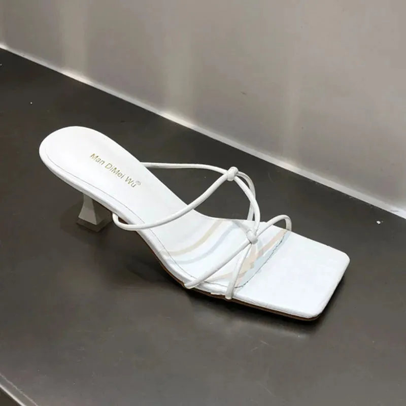 LBSFY  -   New Summer Women Gold White Slipper Thin High Heel Ladies Elegant Sandal Shoes Narrow Band Weave Slides Outdoor Beach Flip