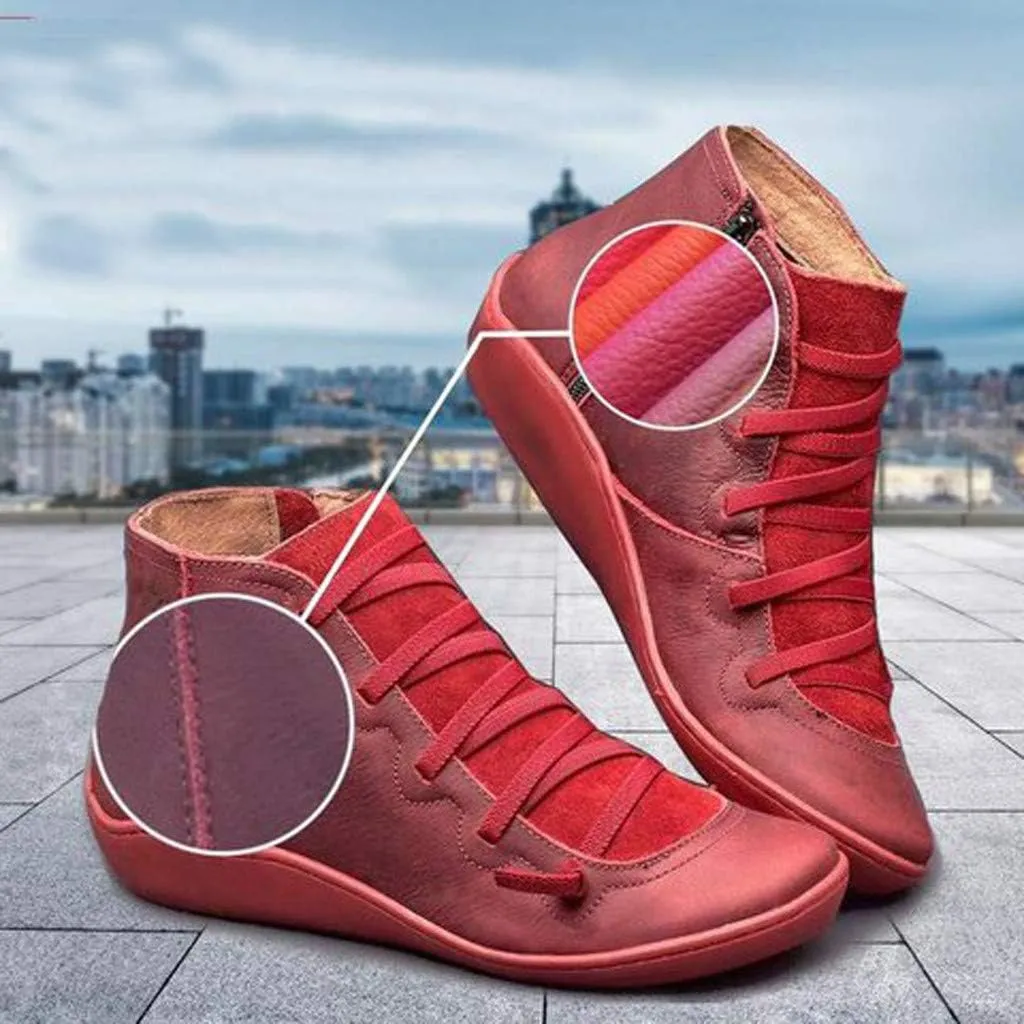Leather Ankle Boots Comfortable Boots for Women Retro Round Toe Lace up Flat Short Boots No Heel Lightweight Comfy