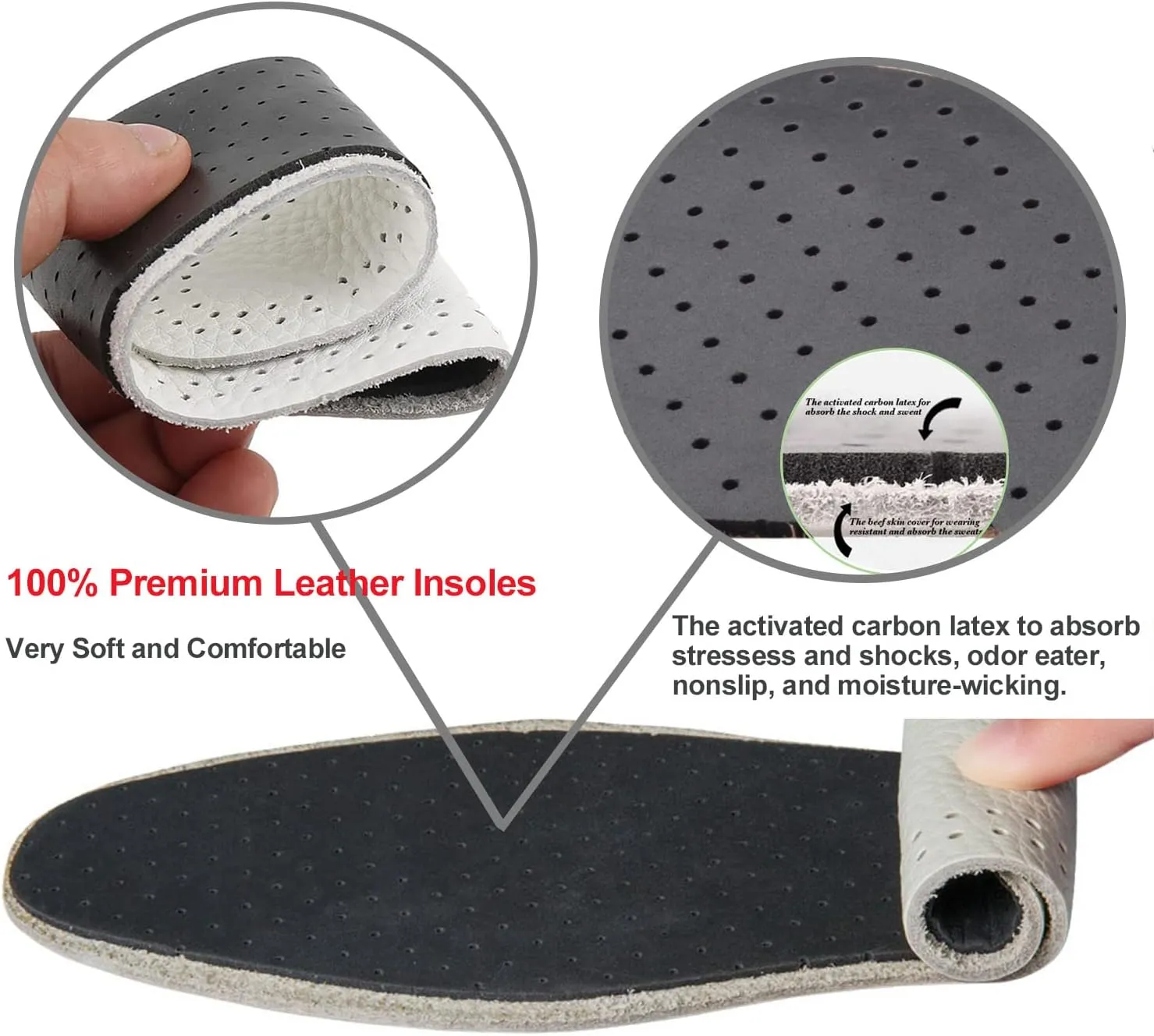 Leather Insoles for Women Black Leather Inserts for Womens Thin Nonslip Shoe Pads for Boots Comfort Cushioning Sandal Insoles for Flats (3 Pairs/Womens US 7-7.5)