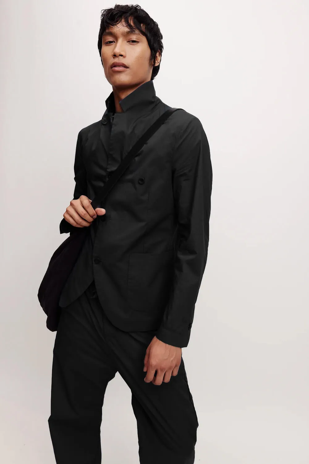 Lightweight Cotton Mandarin Collar Blazer Black