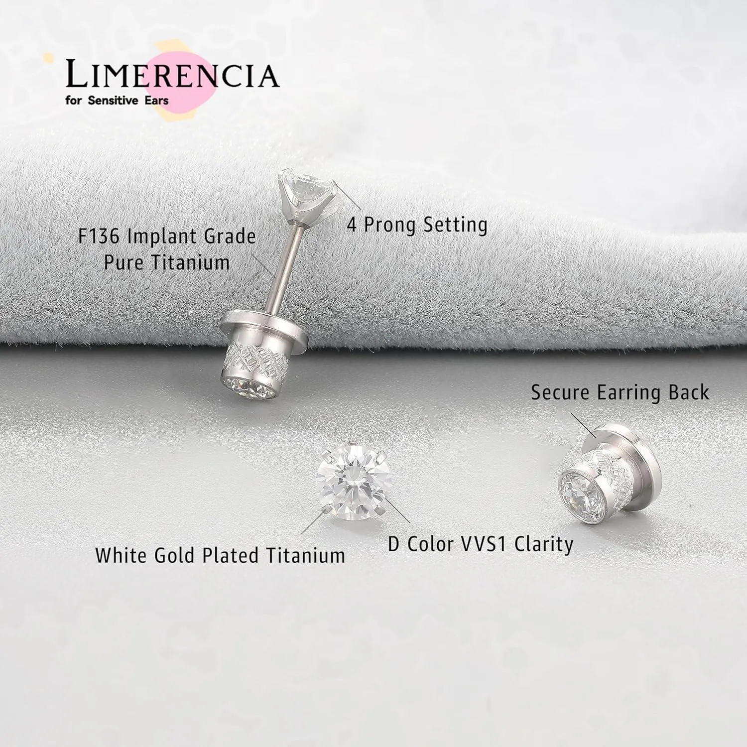 Limerencia Moissanite Stud Earrings, F136 Titanium Screw Back Earrings, D Color VVS1 Clarity Lab-created Moissanite Earrings, Hypoallergenic G23 Pure Titanium for Women Men Sensitive Ears