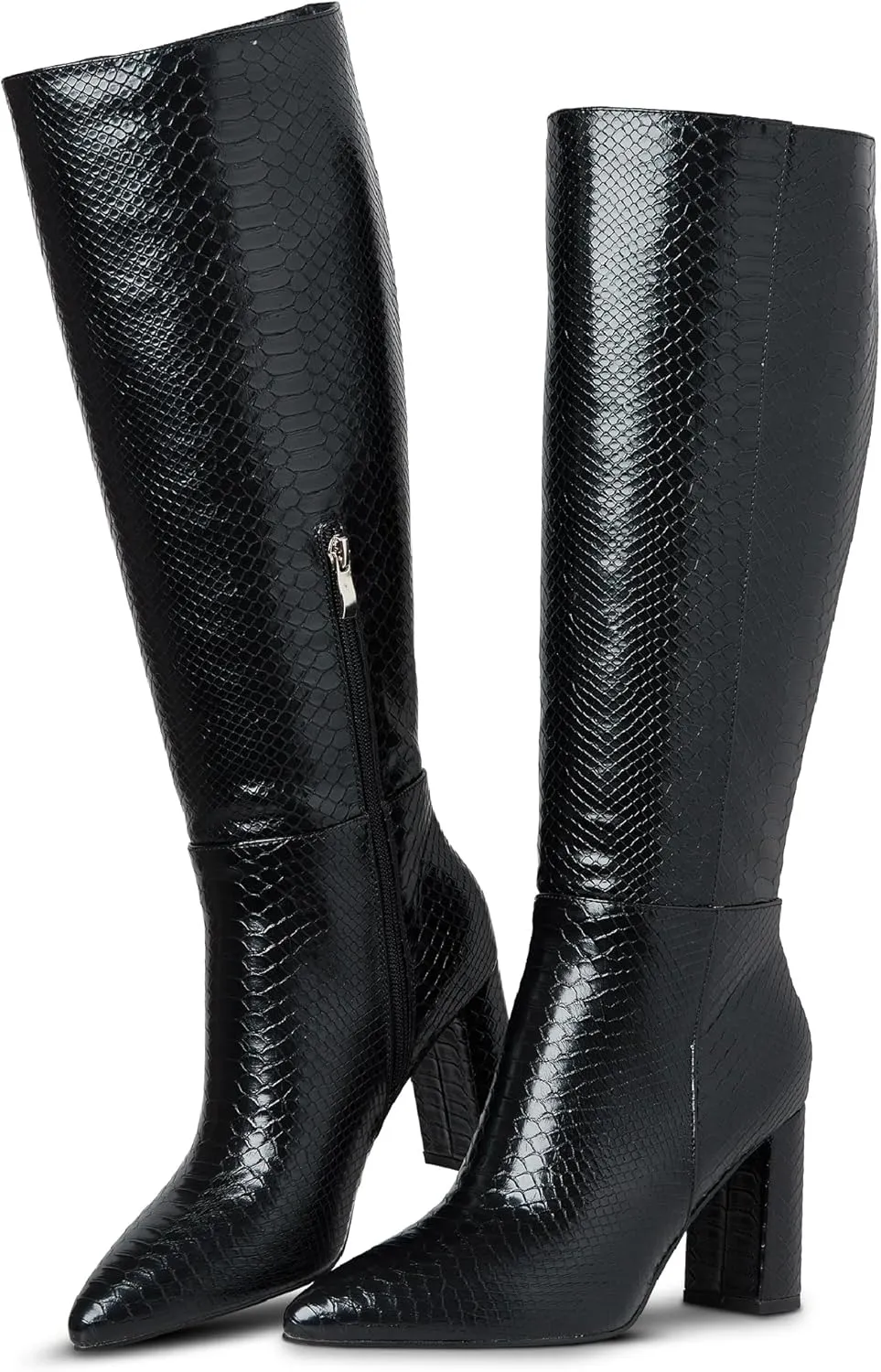 LinnOaks Womens Knee High Boots Round Toe Snake Skin Chunky High Heel Crocodile Slip On Fashion Go Go Boots PU Leather Comfy Casual Party Dress Combat Shoes