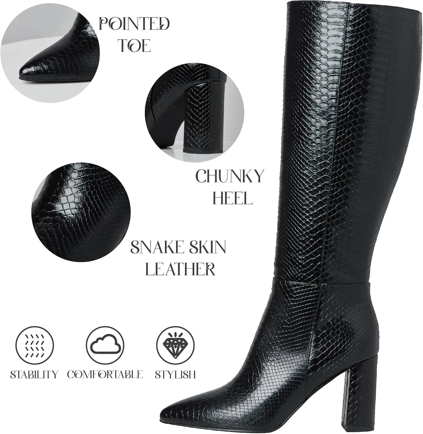 LinnOaks Womens Knee High Boots Round Toe Snake Skin Chunky High Heel Crocodile Slip On Fashion Go Go Boots PU Leather Comfy Casual Party Dress Combat Shoes