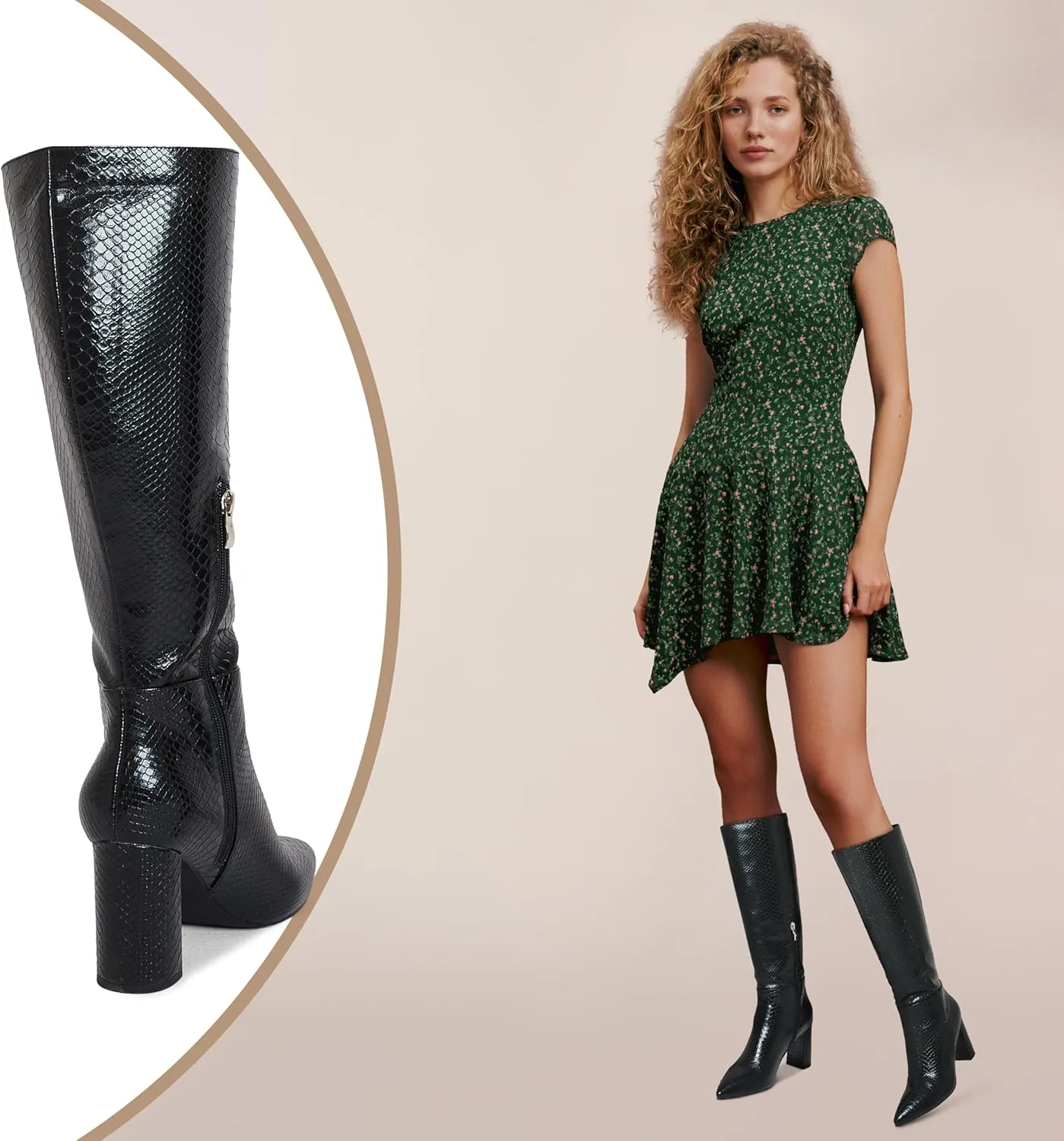 LinnOaks Womens Knee High Boots Round Toe Snake Skin Chunky High Heel Crocodile Slip On Fashion Go Go Boots PU Leather Comfy Casual Party Dress Combat Shoes