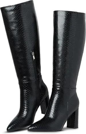 LinnOaks Womens Knee High Boots Round Toe Snake Skin Chunky High Heel Crocodile Slip On Fashion Go Go Boots PU Leather Comfy Casual Party Dress Combat Shoes
