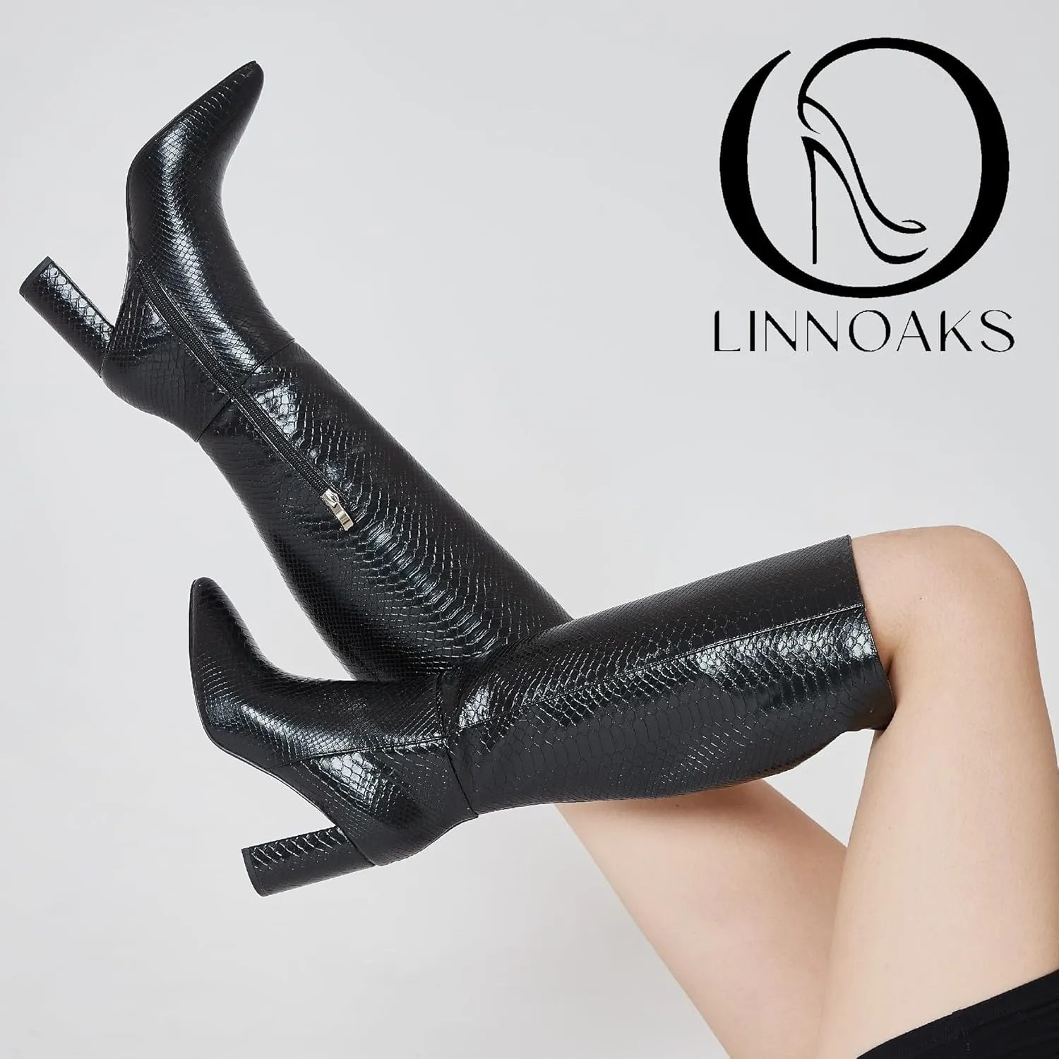 LinnOaks Womens Knee High Boots Round Toe Snake Skin Chunky High Heel Crocodile Slip On Fashion Go Go Boots PU Leather Comfy Casual Party Dress Combat Shoes