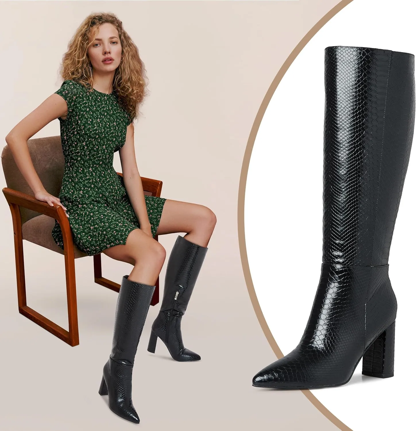 LinnOaks Womens Knee High Boots Round Toe Snake Skin Chunky High Heel Crocodile Slip On Fashion Go Go Boots PU Leather Comfy Casual Party Dress Combat Shoes
