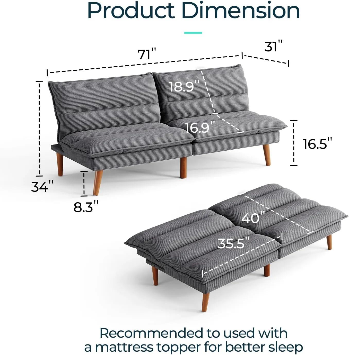 LINSY Futon Sofa Bed Couch Corduroy Futon with Adjustable Backrest Comfy Loveseat Convertible Folding Sleeper Sofa Couches for Small Spaces Living Room Apartment Office (Dark Grey)