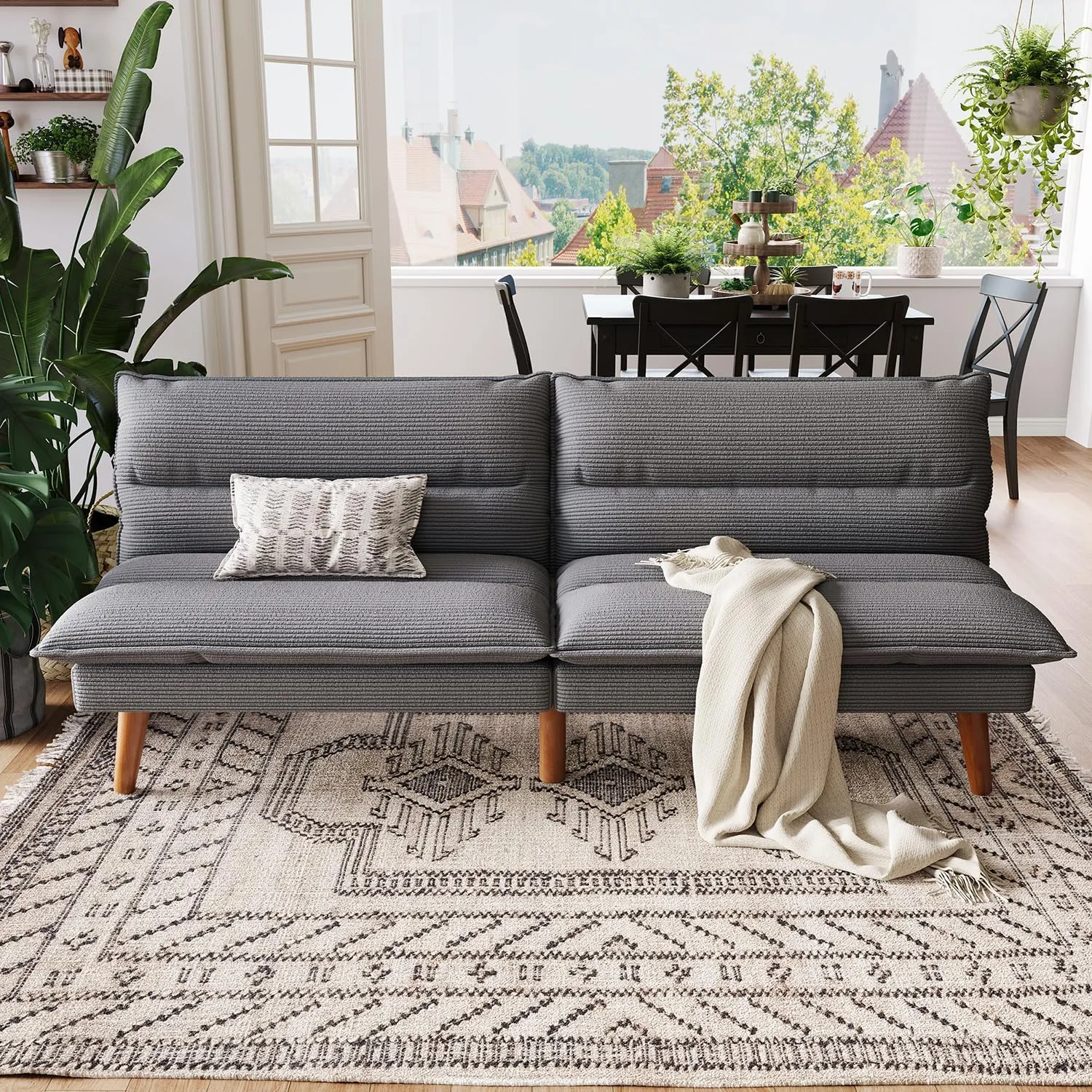 LINSY Futon Sofa Bed Couch Corduroy Futon with Adjustable Backrest Comfy Loveseat Convertible Folding Sleeper Sofa Couches for Small Spaces Living Room Apartment Office (Dark Grey)