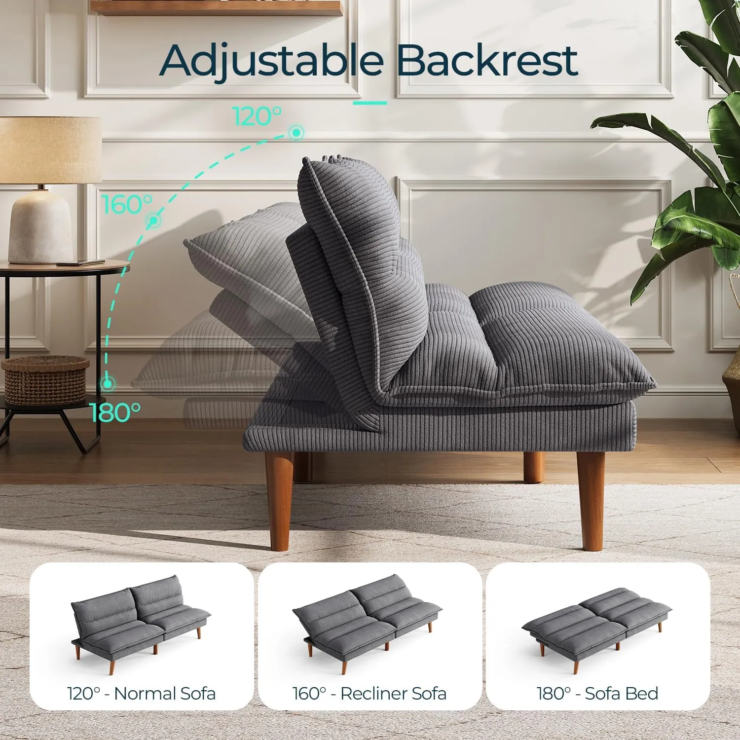 LINSY Futon Sofa Bed Couch Corduroy Futon with Adjustable Backrest Comfy Loveseat Convertible Folding Sleeper Sofa Couches for Small Spaces Living Room Apartment Office (Dark Grey)