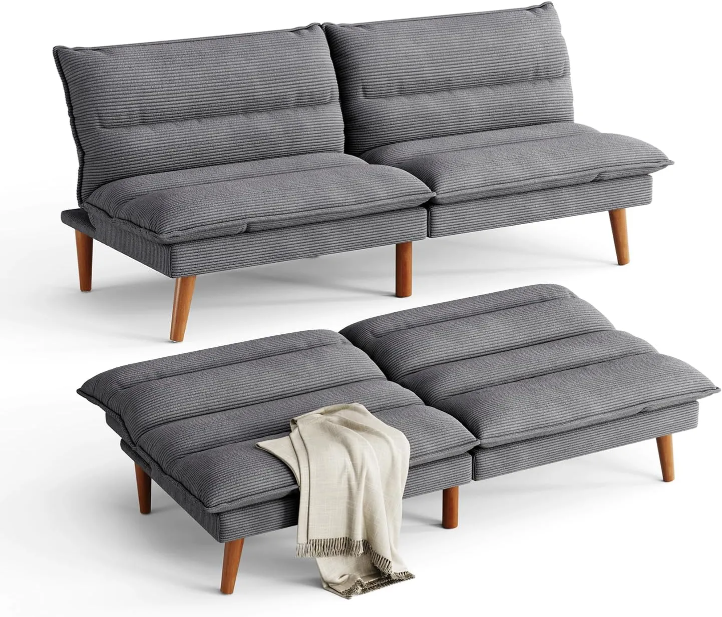 LINSY Futon Sofa Bed Couch Corduroy Futon with Adjustable Backrest Comfy Loveseat Convertible Folding Sleeper Sofa Couches for Small Spaces Living Room Apartment Office (Dark Grey)
