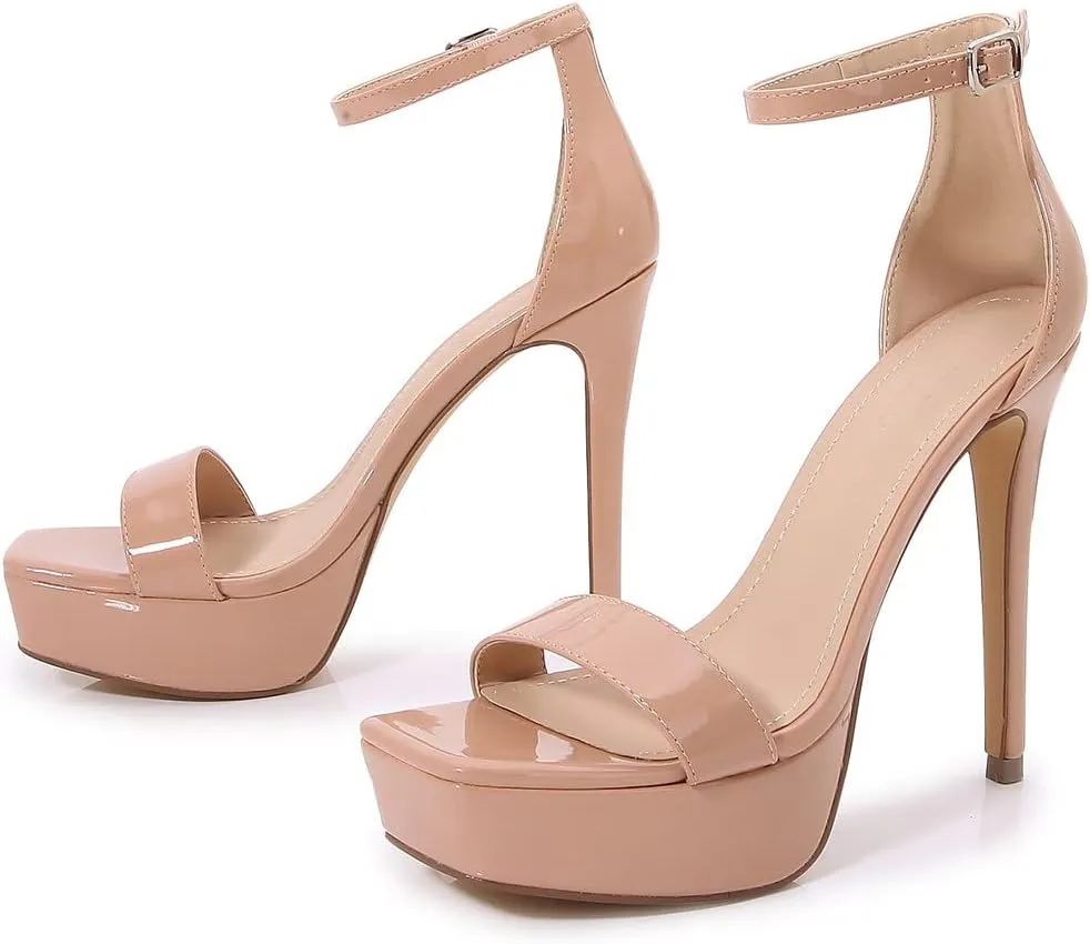 LizFoYa Women Square Toe Platform Sandal Stiletto Heels Open Toe Strappy Leather Dress Heeled Sandals for Party Night