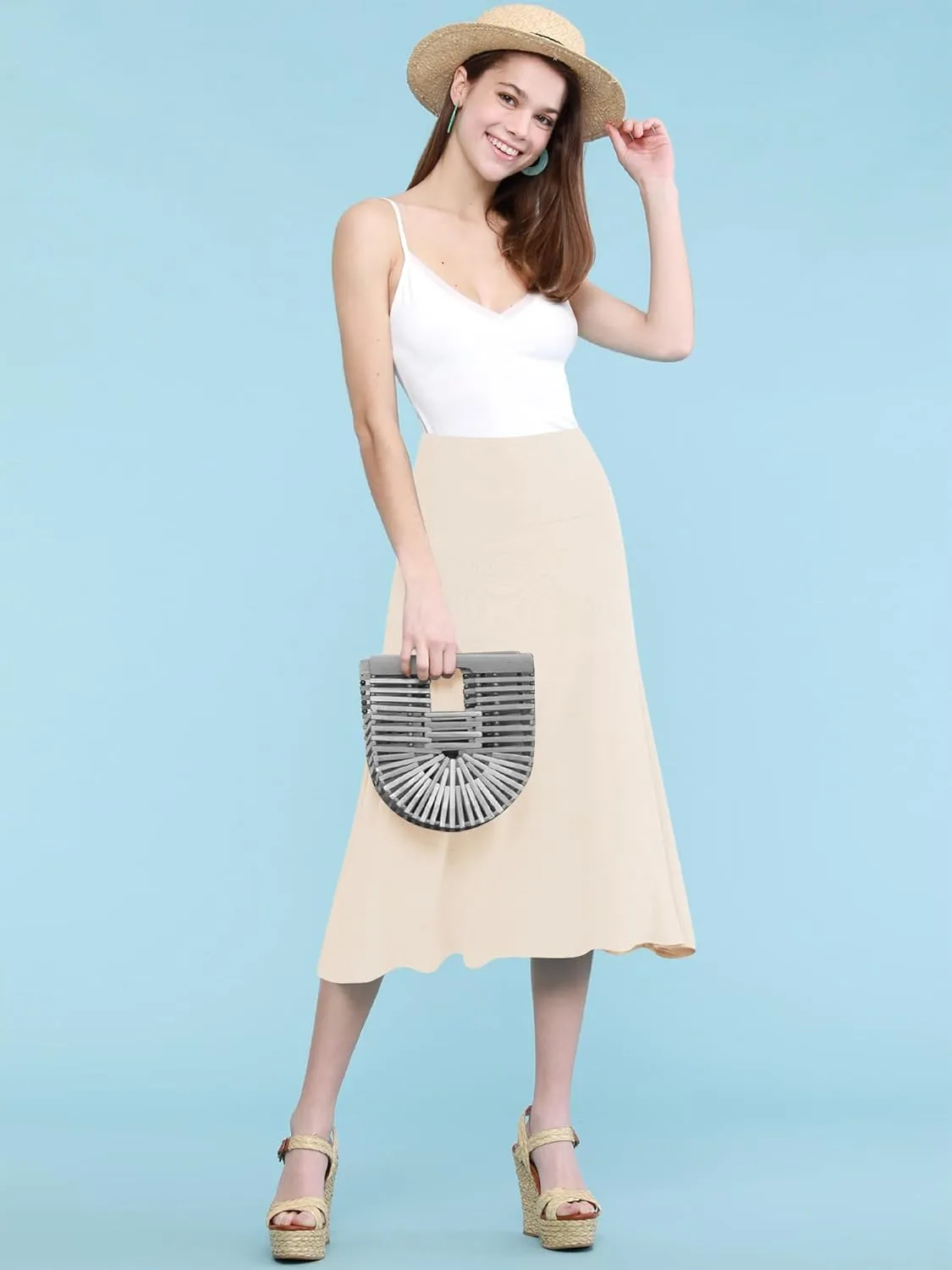 Lock and Love Women's Solid Ombre Lightweight Flare Midi Pull On Closure Skirt S-XXXL Plus Size