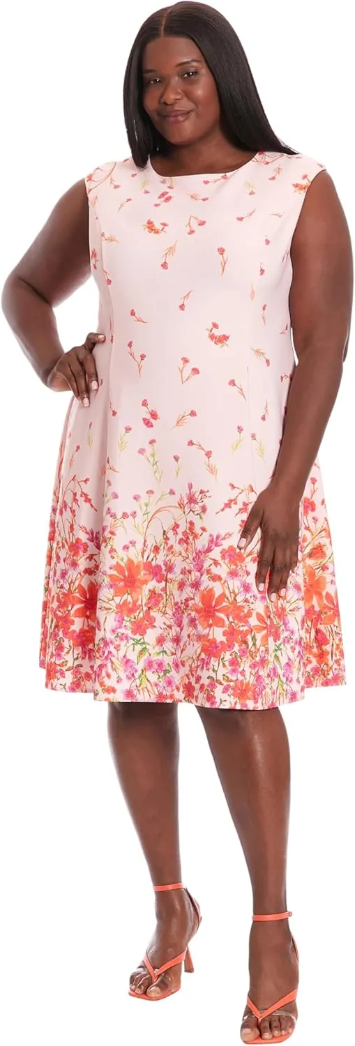 London Times Women's Dresses Floral Border Cap Sleeve Fit & Flare Dress