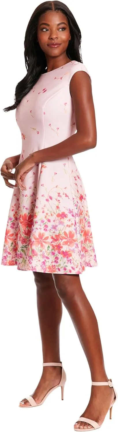 London Times Women's Dresses Floral Border Cap Sleeve Fit & Flare Dress