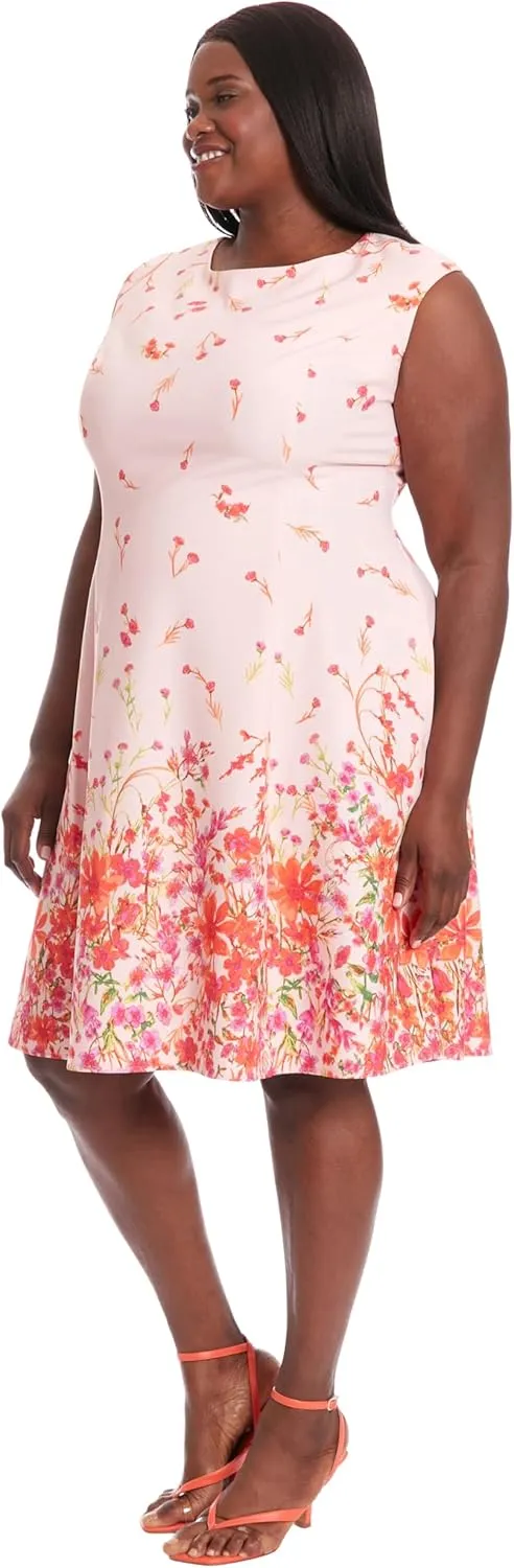 London Times Women's Dresses Floral Border Cap Sleeve Fit & Flare Dress