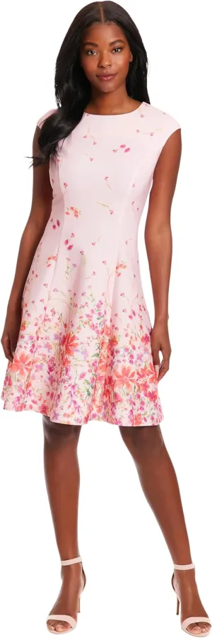 London Times Women's Dresses Floral Border Cap Sleeve Fit & Flare Dress