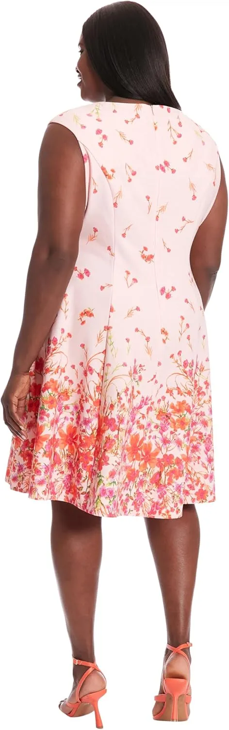 London Times Women's Dresses Floral Border Cap Sleeve Fit & Flare Dress