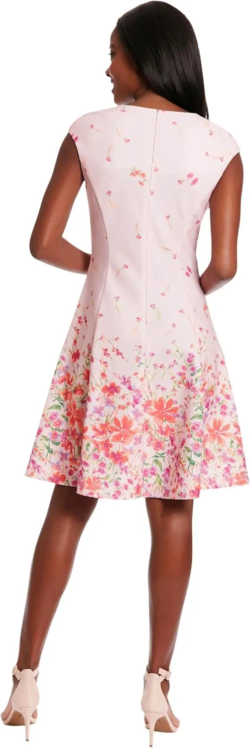 London Times Women's Dresses Floral Border Cap Sleeve Fit & Flare Dress