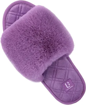 LongBay Women's Fuzzy Faux Fur Memory Foam Cozy Flat Spa Slide Slippers Comfy Open Toe Slip On House Shoes Sandals