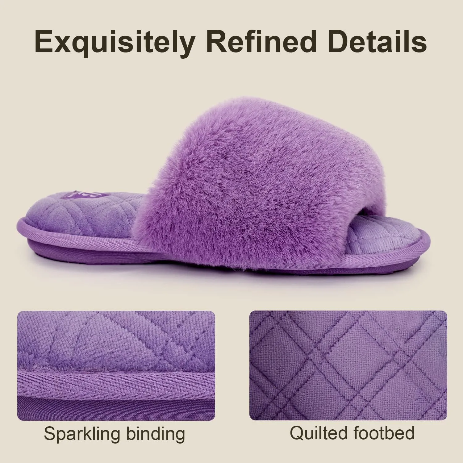 LongBay Women's Fuzzy Faux Fur Memory Foam Cozy Flat Spa Slide Slippers Comfy Open Toe Slip On House Shoes Sandals