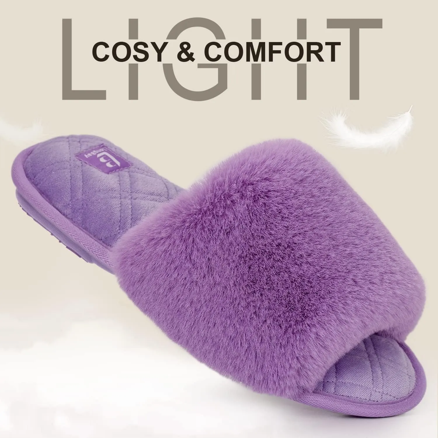 LongBay Women's Fuzzy Faux Fur Memory Foam Cozy Flat Spa Slide Slippers Comfy Open Toe Slip On House Shoes Sandals