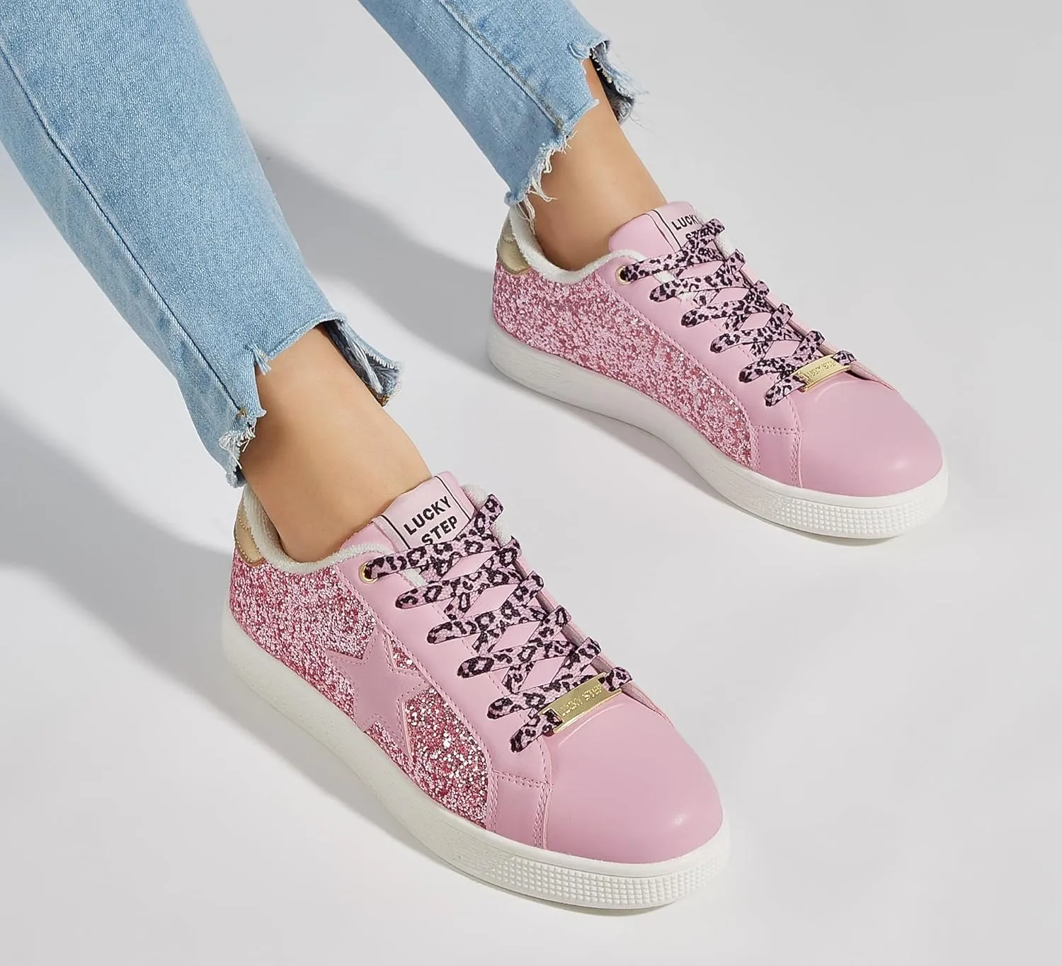 LUCKY STEP Women's Fashion Star Sneaker Lace Up Low Top Comfortable Cushioned Walking Shoes